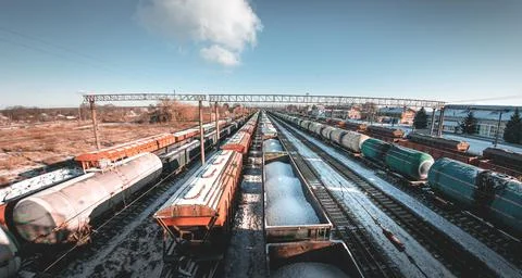Freight trains from a height at the marshalling yard. Delivery of goods by fr Stock Photos