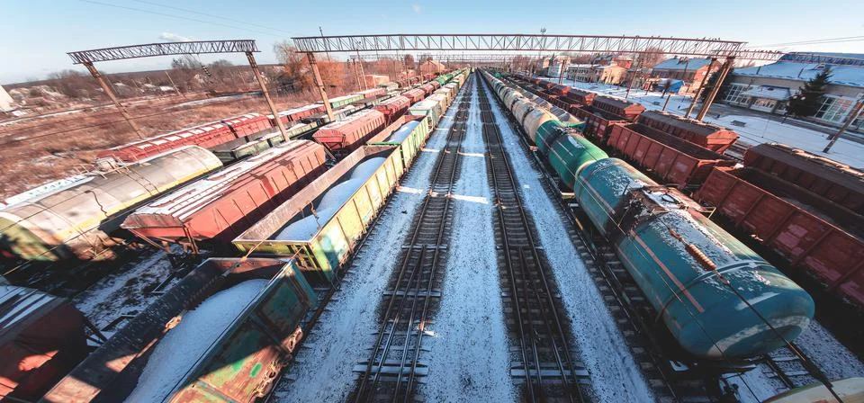 Freight trains from a height at the marshalling yard. Delivery of goods by fr Stock Photos