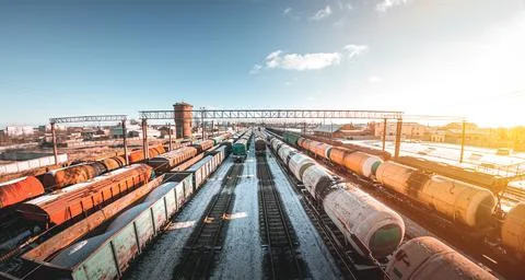 Freight trains from a height at the marshalling yard. Delivery of goods by fr Stock Photos