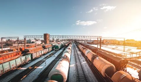 Freight trains from a height at the marshalling yard. Delivery of goods by fr Stock Photos