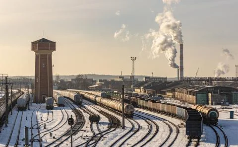 Freight trains in a rail yard Stock Photos
