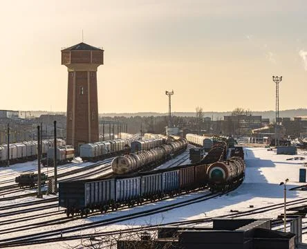 Freight trains in a rail yard Stock Photos