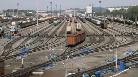 Freight trains at the sorting railway station Stock Footage