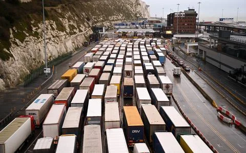 Freight trucks queue up at Dover Port as post-Brexit talks continue, United King Stock Photos
