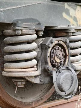 Freight wagon bogie containing bearing wheel and spring suspension designed.. Stock Photos