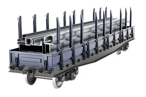 Freight wagon with stack of rolled metal products, side view. 3D rendering Stockillustratie