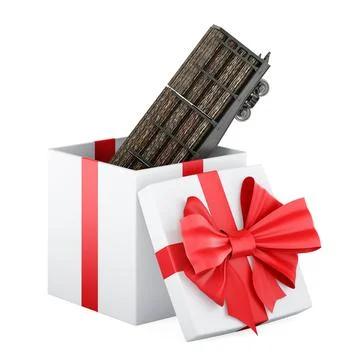 Freight wagon with wooden logs inside gift box, gift concept. 3D rendering 스톡 일러스트
