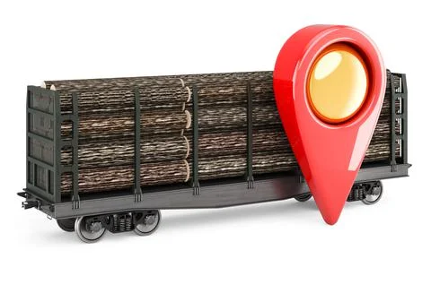 Freight wagon with wooden logs with map pointer, 3D rendering 库存插图