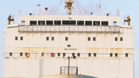 Freighter bow docked in a harbor Stock Footage 97950252