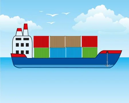 Freighter with container in open sea.Vector illustration Stock Illustration