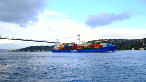Freighter with containers moving on Bosphorus in Istanbul, Turkey. Stock Footage 145681910