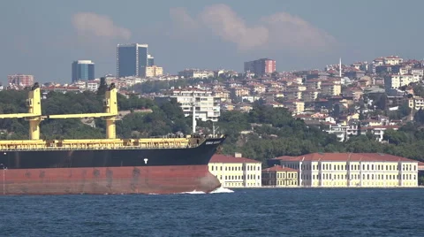 A freighter passing through the Bosphorus Strait in Istanbul Turkey (Editorial) Stock Footage 55889205
