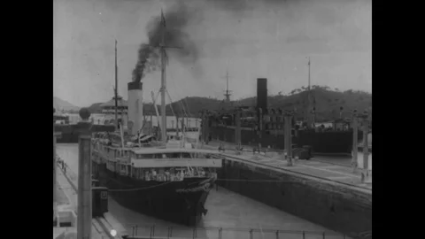 Freighter sails at Panama canal - 1913-1914 Stock Footage 83662663