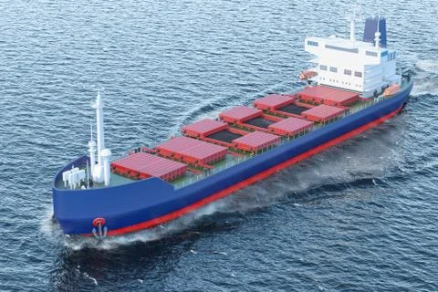 Freighter ship with coal sailing in ocean, 3D rendering Stock Illustration