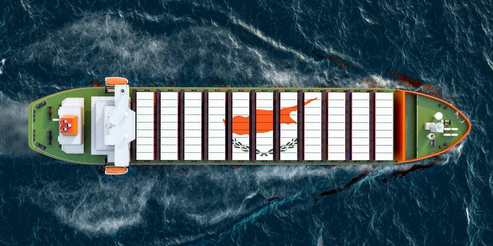 Freighter ship with Cyprus cargo containers sailing in ocean, 3D rendering Stock Illustration