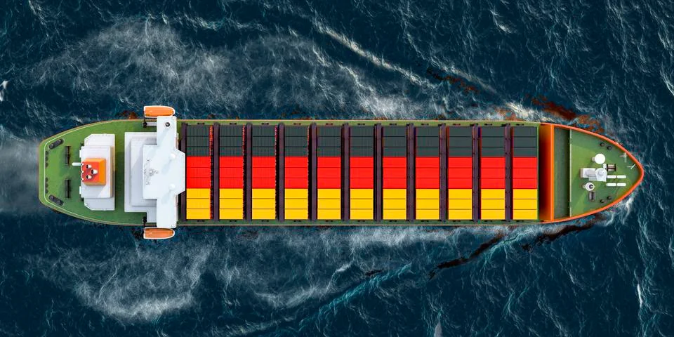 Freighter ship with German cargo containers sailing in ocean, 3D rendering Stock Illustration
