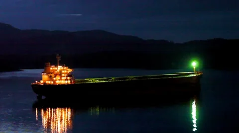 Freighter Ship Moored at Night Stock Footage 39176895
