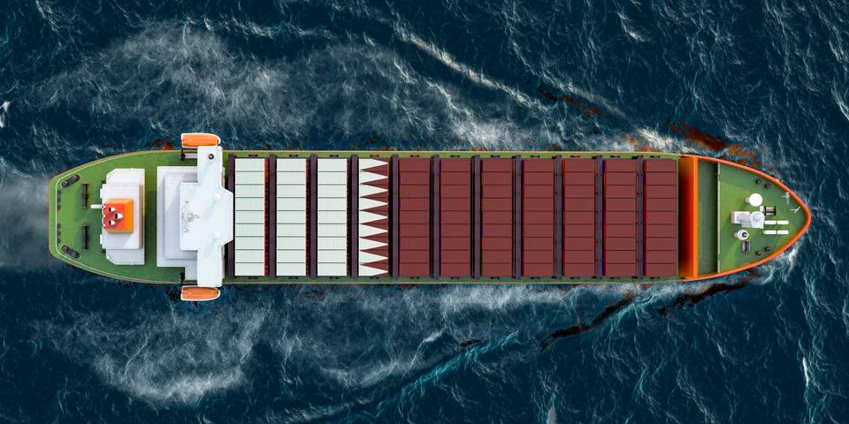 Freighter ship with Qatari cargo containers sailing in ocean, 3D rendering Stock Illustration