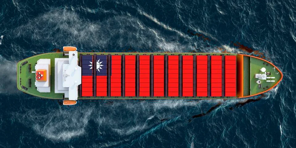 Freighter ship with Thai cargo containers sailing in ocean, 3D rendering Stock Illustration