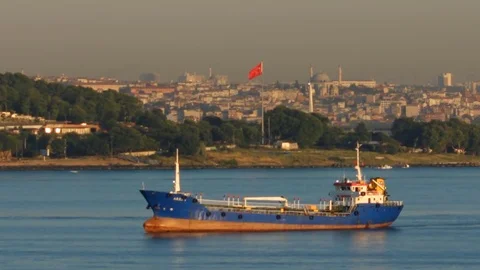 Freighter in the strait Stock Footage 79362740