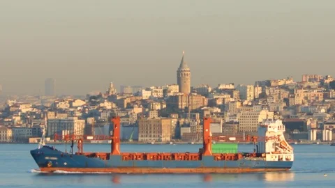 Freighter in the strait Stock Footage 79362847