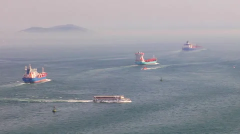 Freighters, cargo ships sailing into open sea Bosphorous  Stock Footage 48237483