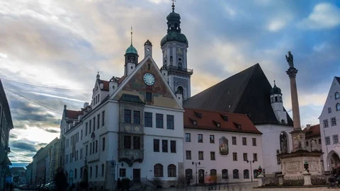 FREISING, GERMANY: Timelapse of the Mary's Column at the town square with town Stock Footage 101006211