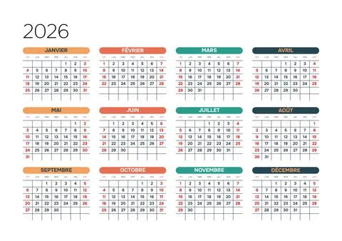 French 2026 Horizontal 4x3 Grid Simple Yearly Calendar Grid Professional Annual 스톡 일러스트
