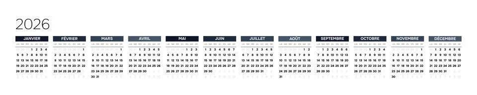 French 2026 Horizontal Linear Grid Creative Annual Wall Calendar Minimalist Year Stock Illustration