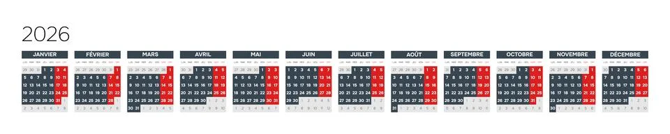 French 2026 Horizontal Linear Grid Blank Yearly Planner Sheet Clean Corporate An Stock Illustration