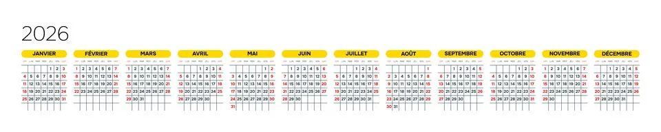 French 2026 Horizontal Linear Grid Clean Business Calendar Poster Annual Yearly Stock Illustration