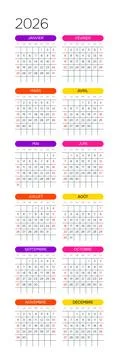 French 2026 Vertical 2x6 Grid Corporate Yearly Calendar Grid Minimalist Office A 스톡 일러스트