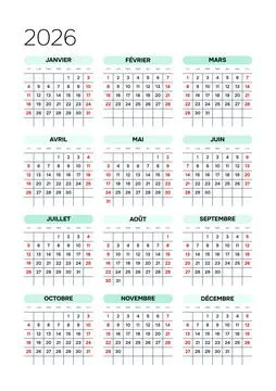 French 2026 Vertical 3x4 Grid Geometric Yearly Calendar Layout Modern Annual Bus Stock Illustration