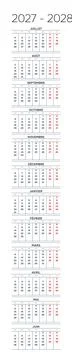 French 2027-2028 Vertical Linear Grid Geometric Yearly Calendar Layout Modern An Stock Illustration