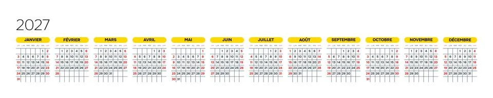 French 2027 Horizontal Linear Grid Bold Typography Annual Calendar Minimali.. Stock-Illustration