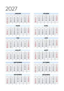 French 2027 Vertical 2x6 Grid Creative Annual Wall Calendar Minimalist Year.. Stock Illustration