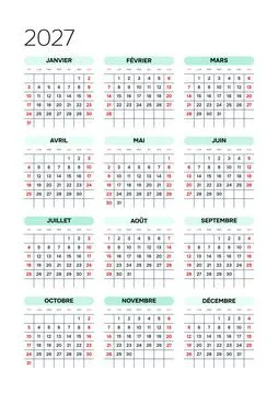 French 2027 Vertical 3x4 Grid Creative Studio Project Grid Calendar Annual Wa Illustrazione stock