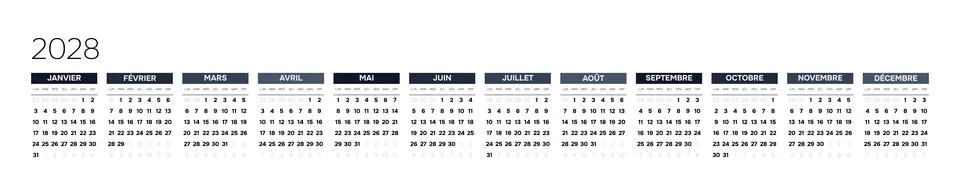 French 2028 Horizontal Linear Grid Executive Annual Planner Template Minimalist Stock-Illustration