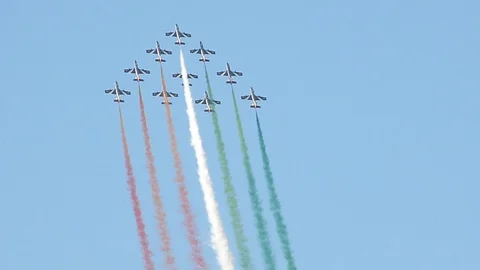 French Aerobatic Team demonstrating during Dubai Air Show Stock Footage 86591709