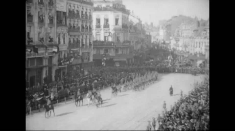 French allied troops, infantry, artillery and cavalry units marching at parade Stock Footage