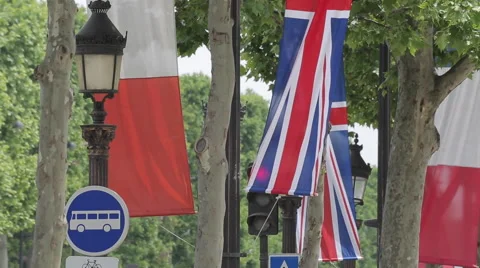 French and British Flags on Avenue des Champs Elysees, Paris, France, Europe Stock Footage 44258744