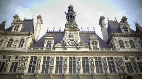 French and EU flags waving atop Hotel de Ville city administration in Paris Stock Footage 68901992