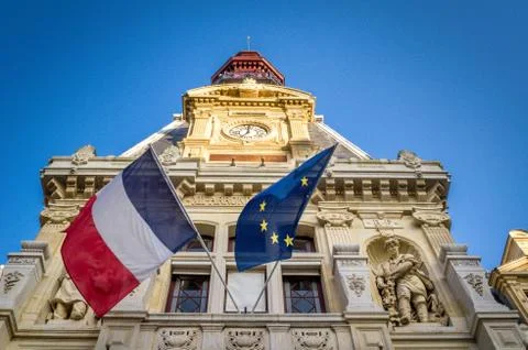 French and european flag on building Stock Photos
