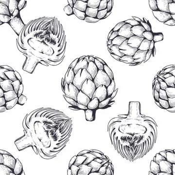 French artichokes, etching engraved pattern. Organic cooking sketch, healthy Stock Illustration