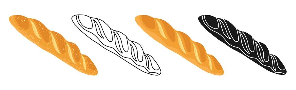 French Baguette bread baking bread icon set loaf baked wheat cartoon set vector Stock Illustration