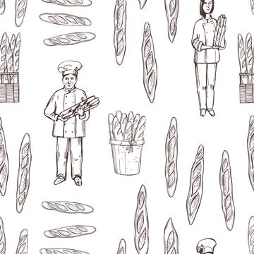 French baguette bread set. Vector  pattern. Stock Illustration