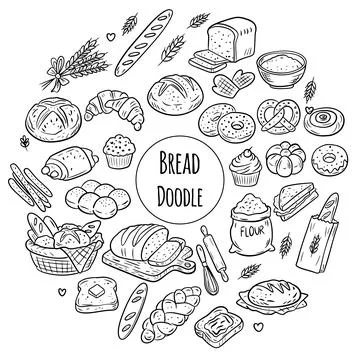 French bakery bread doodles, hand drawn croissant and baguette, artisanal pastry 스톡 일러스트