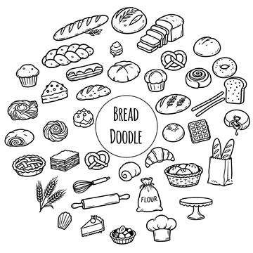 French bakery bread doodles, hand drawn croissant and baguette, artisanal pastry Stock Illustration