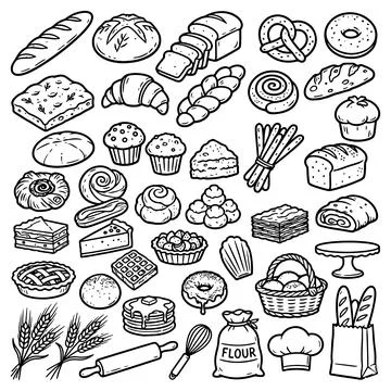 French bakery bread doodles, hand drawn croissant and baguette, artisanal pastry Stock Illustration