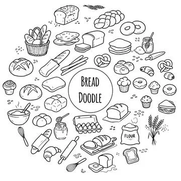 French bakery bread doodles, hand drawn croissant and baguette, artisanal pastry Stock Illustration